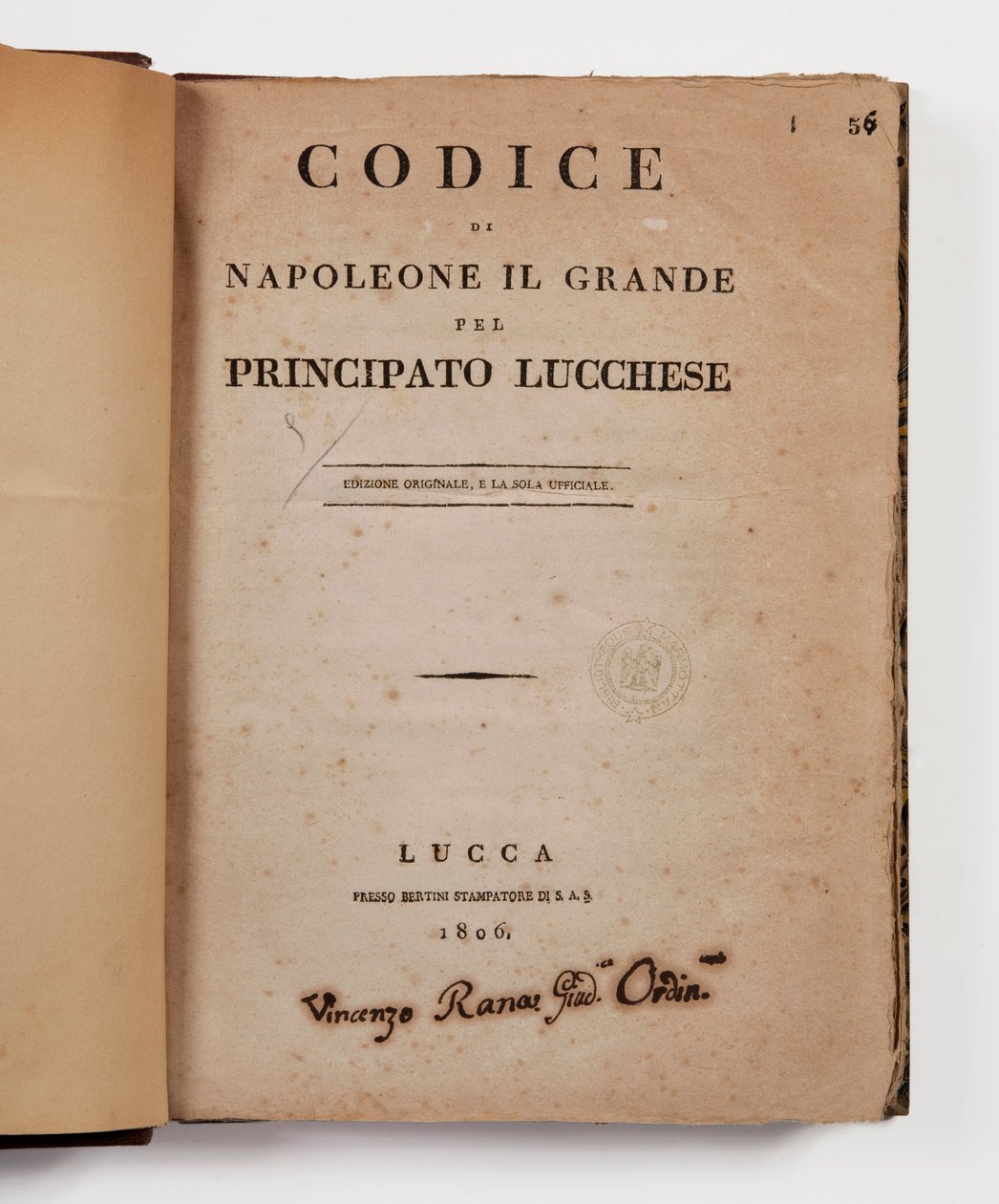 Kode for Napoleon den store for fyrstedømmet Lucca, første offisielle utgave, Lucca, Presso Bertini, 1806, og landlig kode for fyrstedømmene Lucca og Piombino, Lucca, Fr. Bertini, 1807 av Italian School
