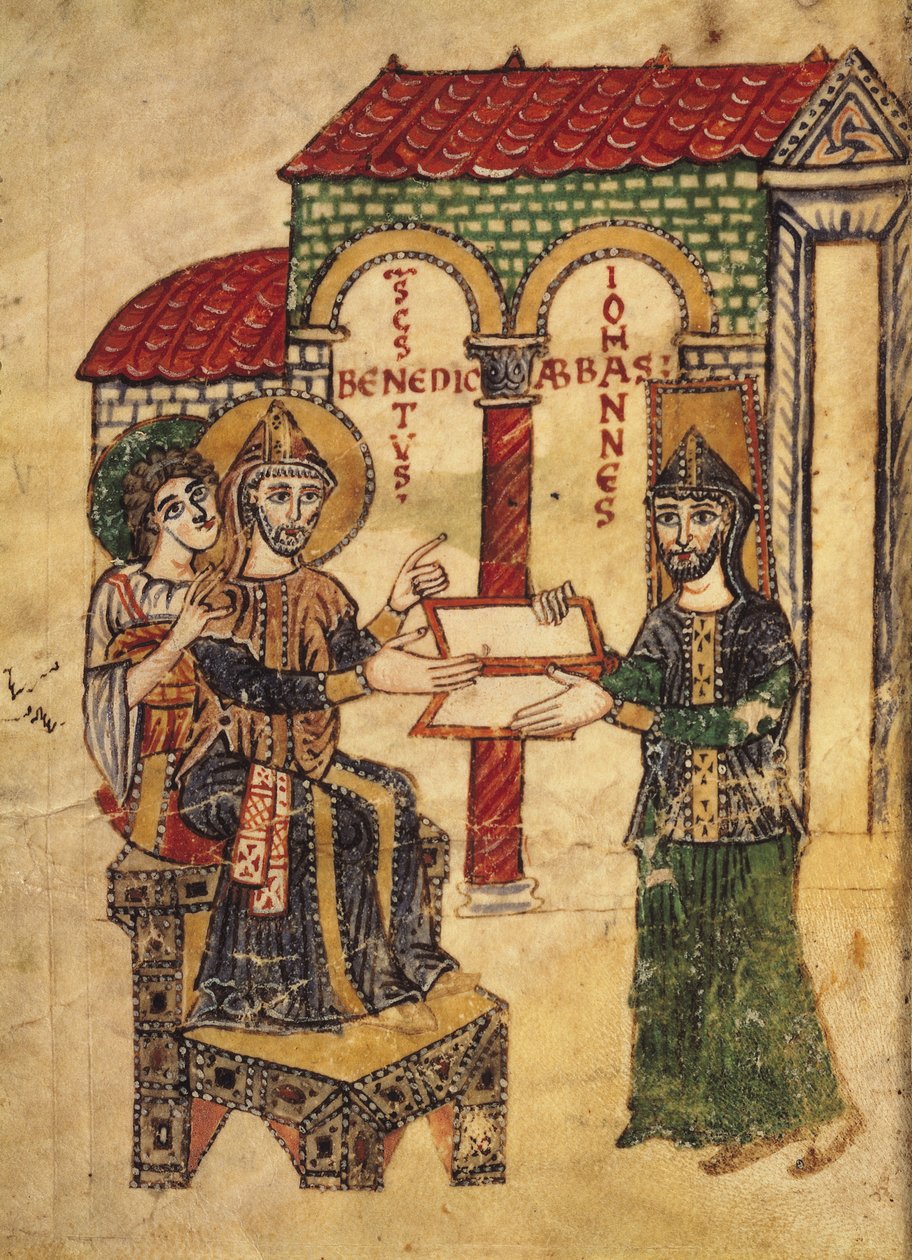 Codex 73 Abbed John tilbyr manuskriptet til St. Benedict (ca. 480-c.550), abbed og grunnlegger av Montecassino, skrevet av diakon Paul, italiensk, 915, fra Commentary on the monastic rule of St. Ben av Italian School