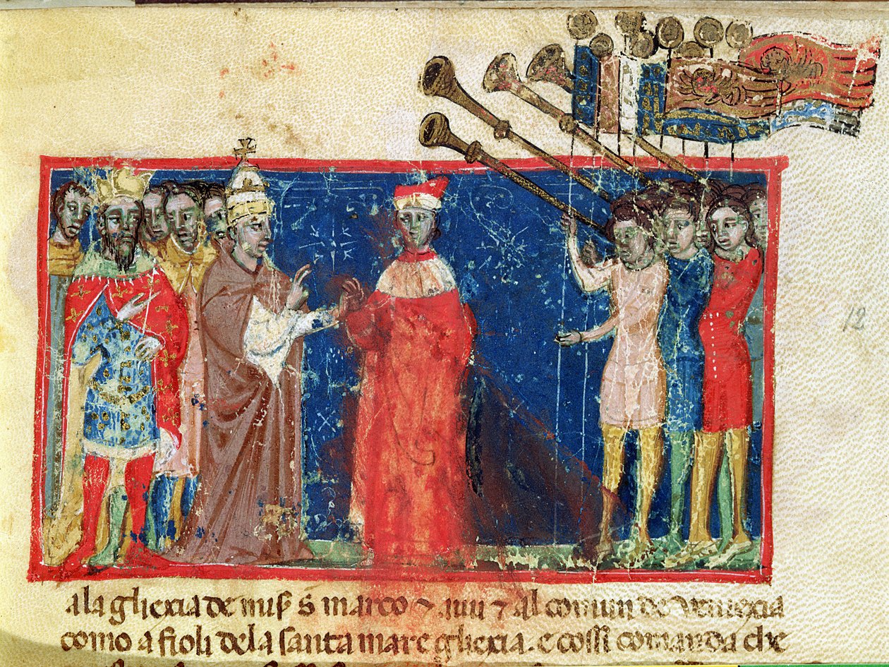 Codex Correr I 383 Doge Sebastiani Ziani mottar en begjæring fra pave Alexander III (1159-81) og keiser Frederick Barbarossa (ca. 1123-90) av Italian School