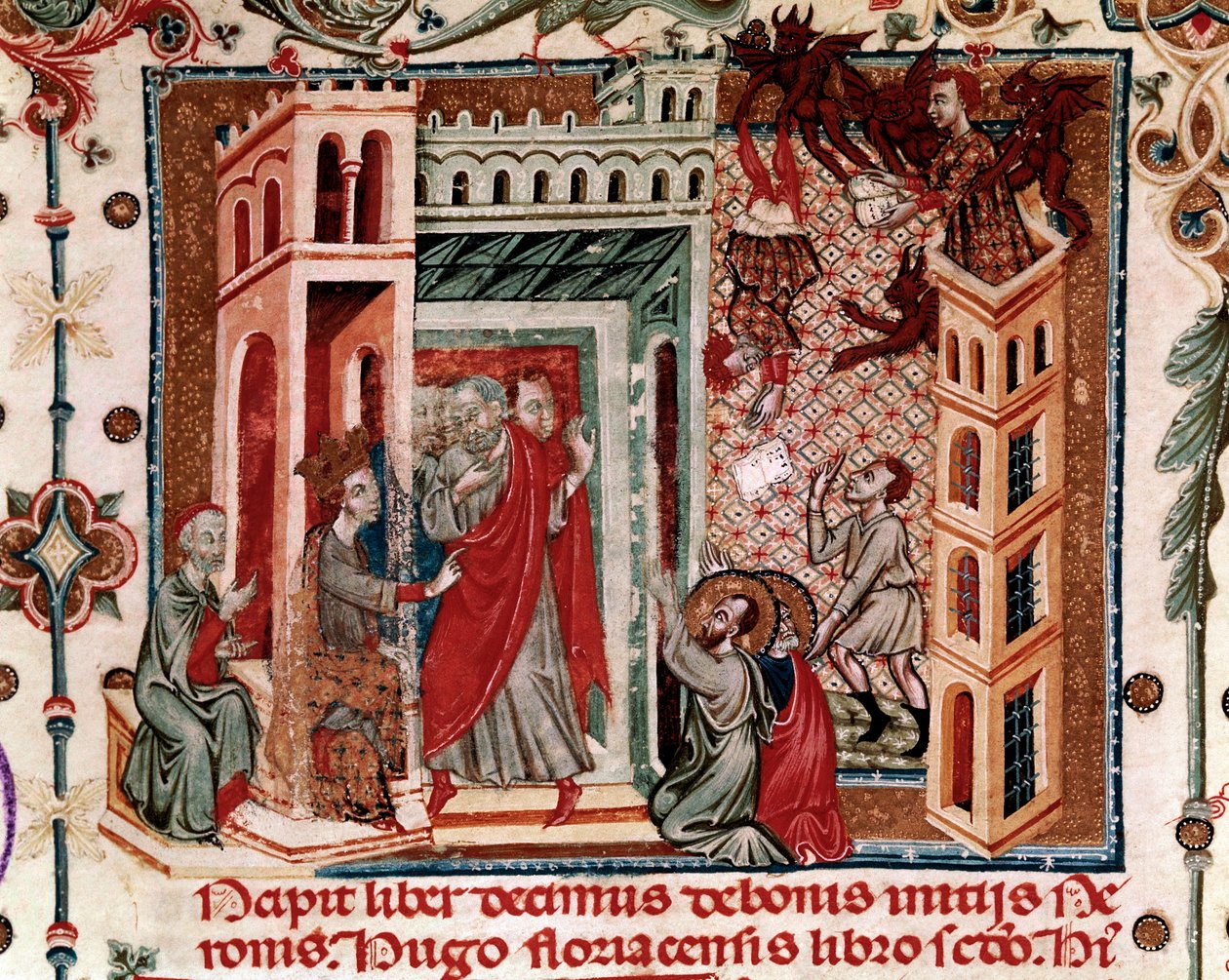 Codices Cavenses, Cod.25 f.181, Simon Magus, the Emperor Nero, and the Apostles, miniatyr fra Speculum Historiale, Part I, av Vincent de Beauvais, ca. 1320 (tempera på vellum) av Italian School