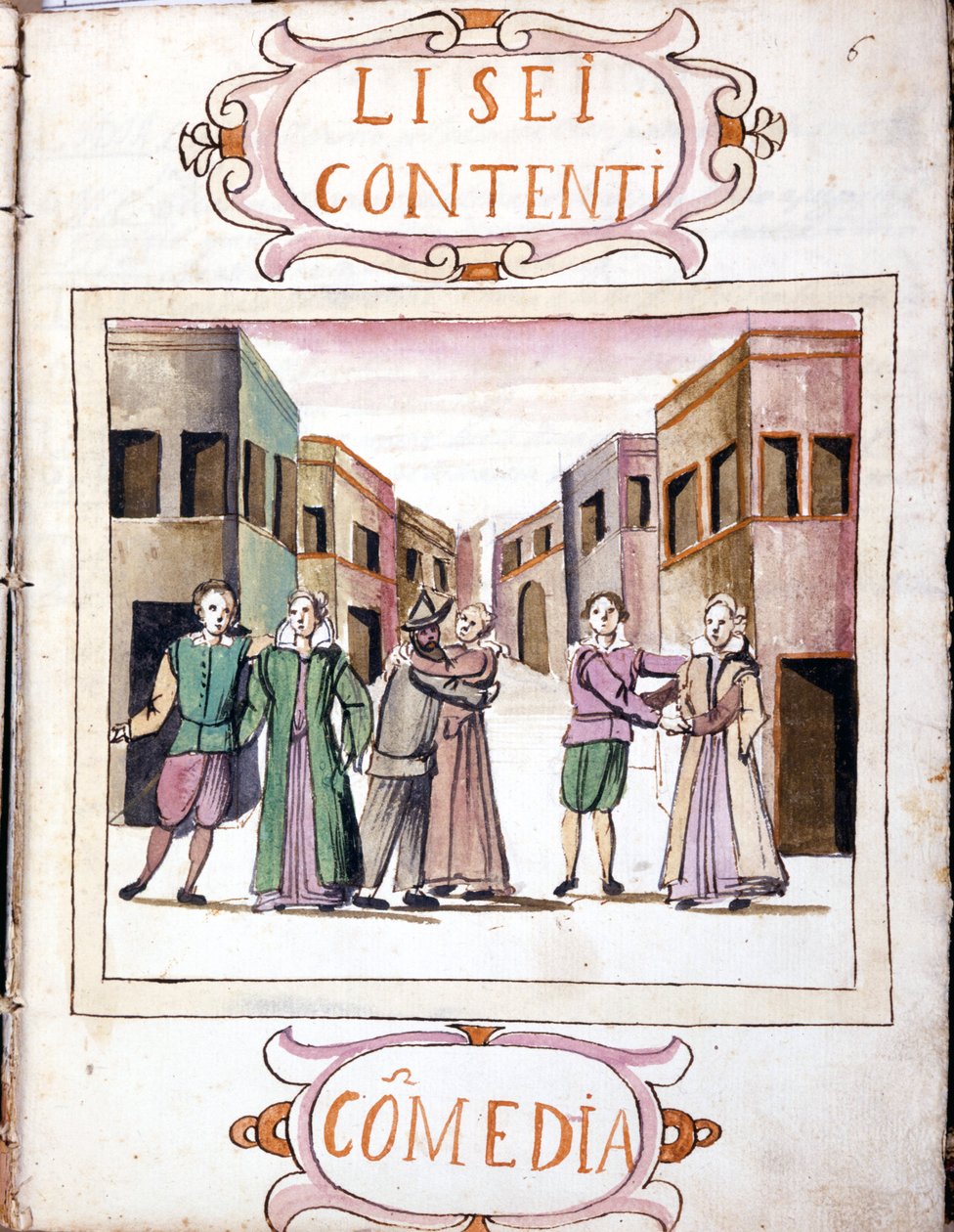 Komedie av Li sei contenti etter manuskriptbindet "Scenarier av de mest utvalgte historier" "(1621 - 1643). Roma, Accademia dei Lincei. av Italian School