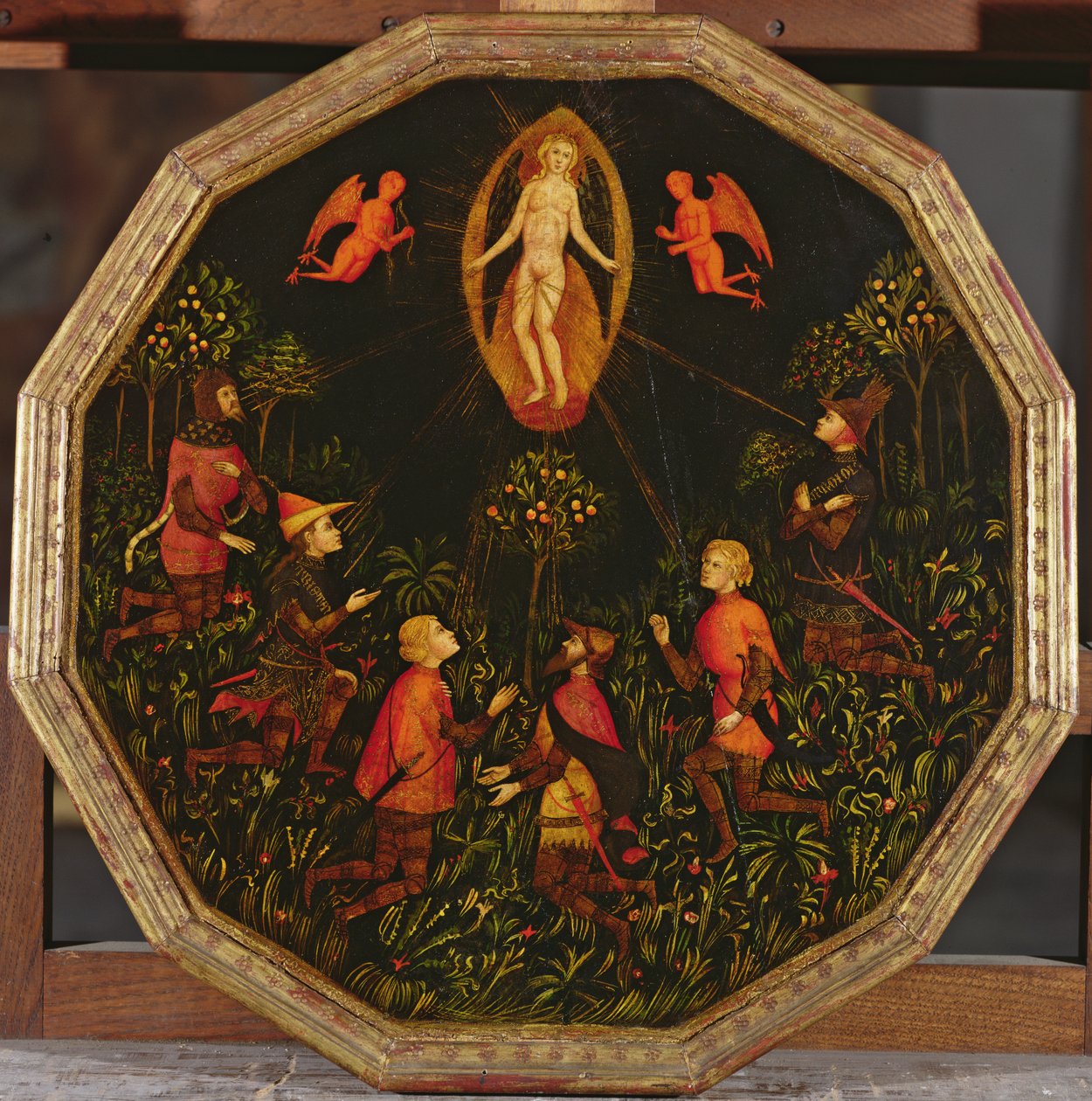 Innesperringsbrett som viser Venus triumf æret av seks legendariske elskere: Achilles, Tristan, Lancelot, Samson, Paris og Troilus (olje på panel) av Italian School