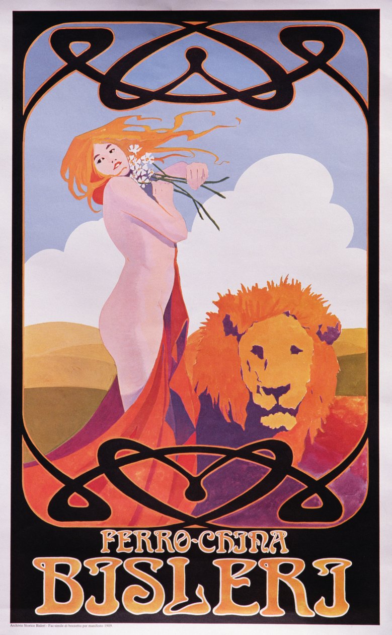 Kopi av en plakat fra 1909 som reklamerer for Bisleri av Italian School