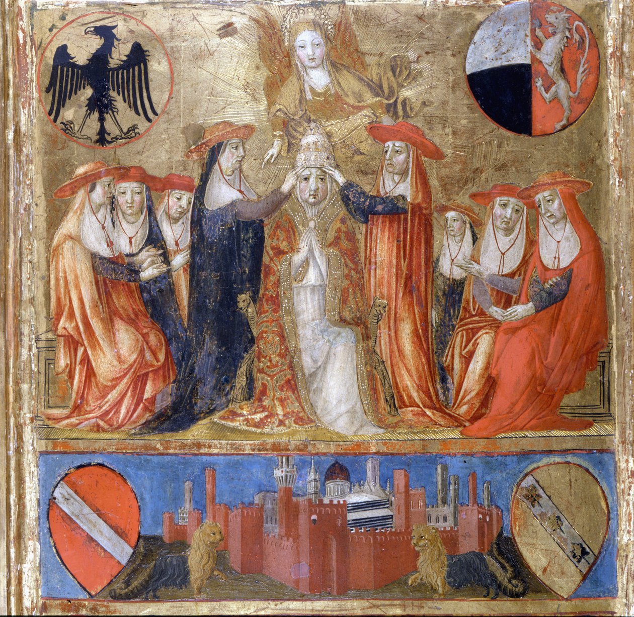 Kroningen av Pius II (Enea Silvio Piccolomini) (1405 til 1464). Italiensk pave (1458 - 1464). I underetasjen ligger den befestede byen Siena. Bicherna (omslaget til regnskapsregisteret til byen Siena) fra 1460. Nasjonalarkivet - Museo delle Tavolette de B av Italian School