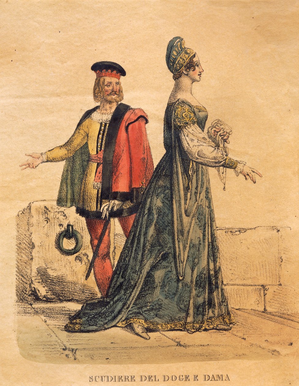 Kostymedesign for en dogeeier og en dame, fra 'Othello' av Gioachino Rossini (håndfarget litho) av Italian School