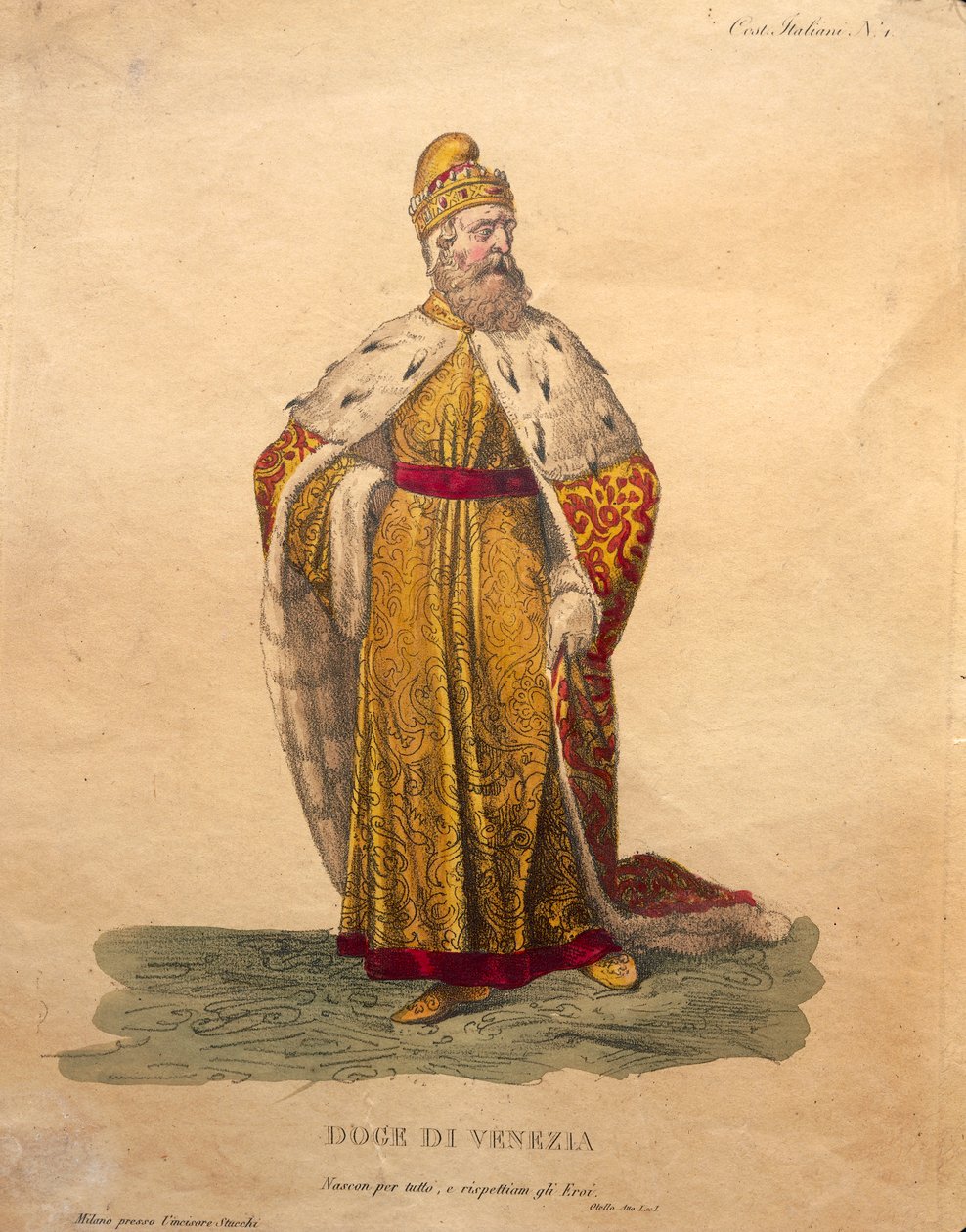 Kostymedesign for Doge of Venice, fra 'Othello' av Gioachino Rossini (håndfarget litho) av Italian School