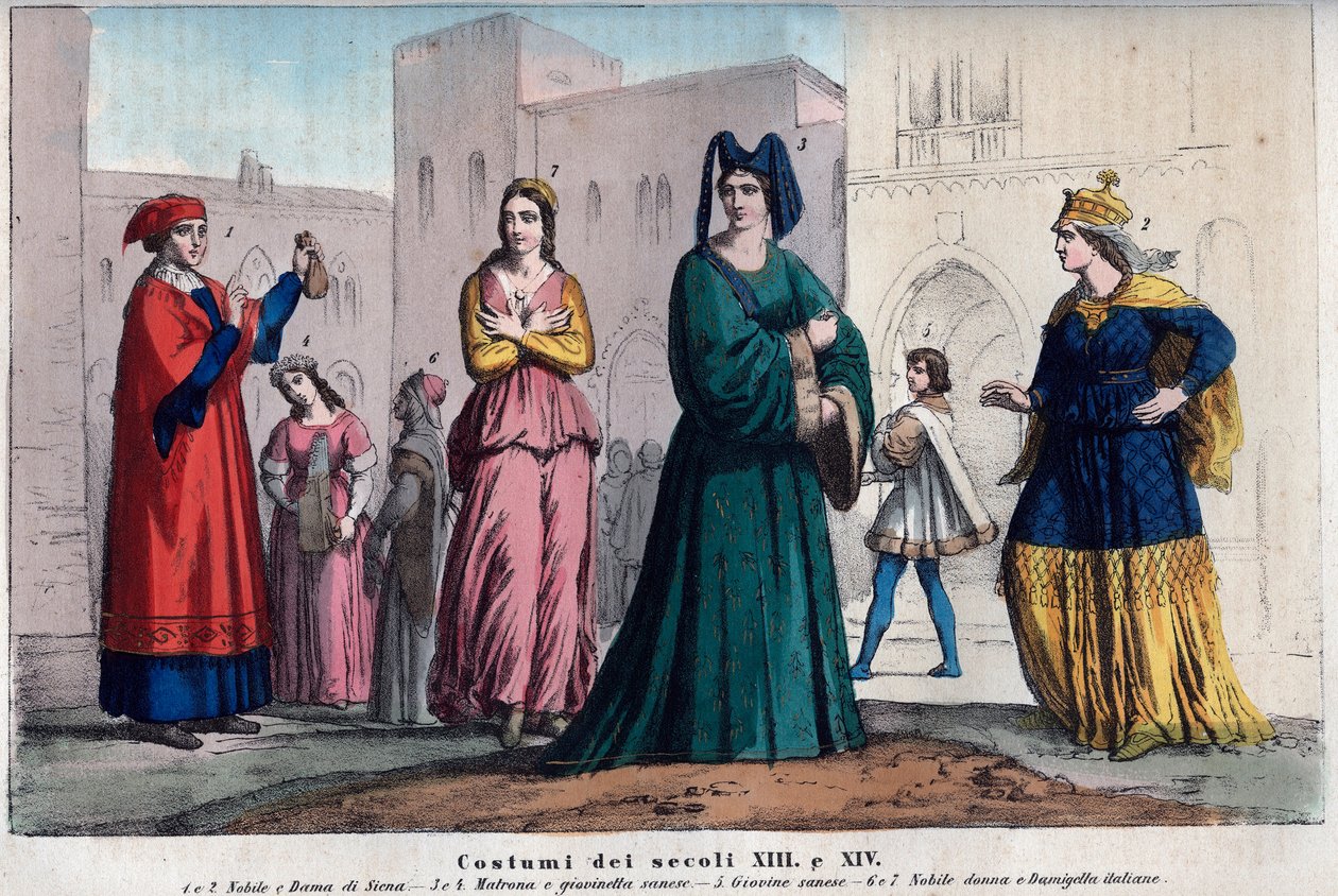 Kostymer i Siena mellom XIII og XIV århundre - klær i Siena mellom XIII og XIV århundre - gravering fra "" Usi e Costumes of All Peoples of the Universe. Det er historien om regjeringen, lovene, militsen, om religionen til alle n av Italian School