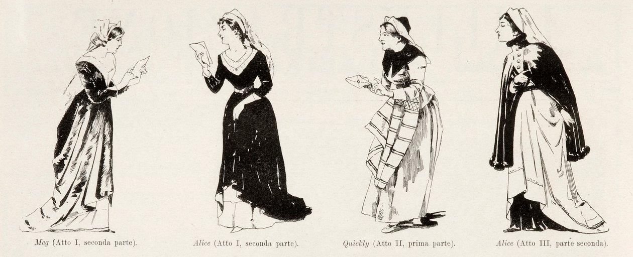 Kostymer fra operaen Falstaff av Verdi, fra LIllustrazione Italiana, XX, N. 8, 19. februar 1893 av Italian School
