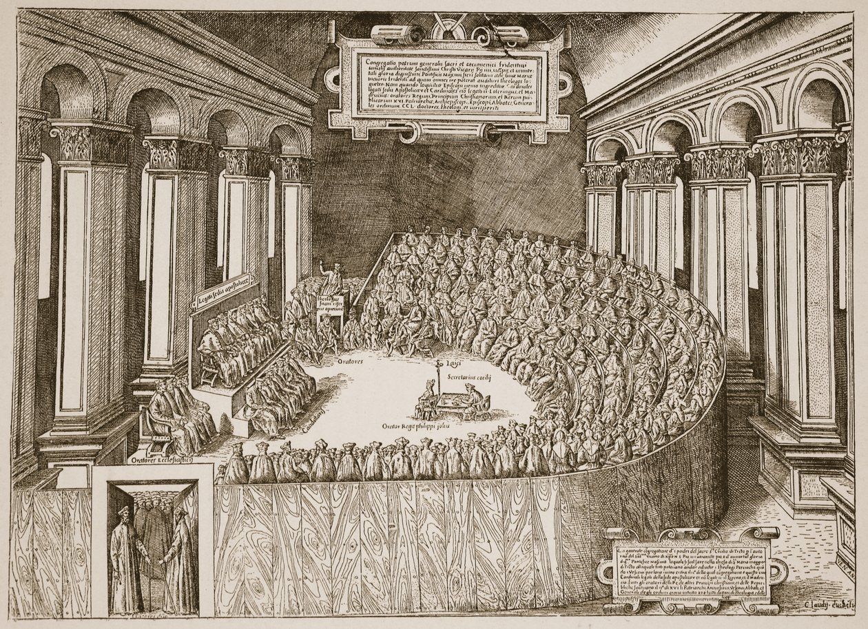 Council of Trent, 1563, fra en etsning publisert i Venezia i 1565, illustrasjon fra The Church of England: A History for the People av H.D.M. Spence-Jones, pub. ca. 1910 (sepia-bilde) av Italian School