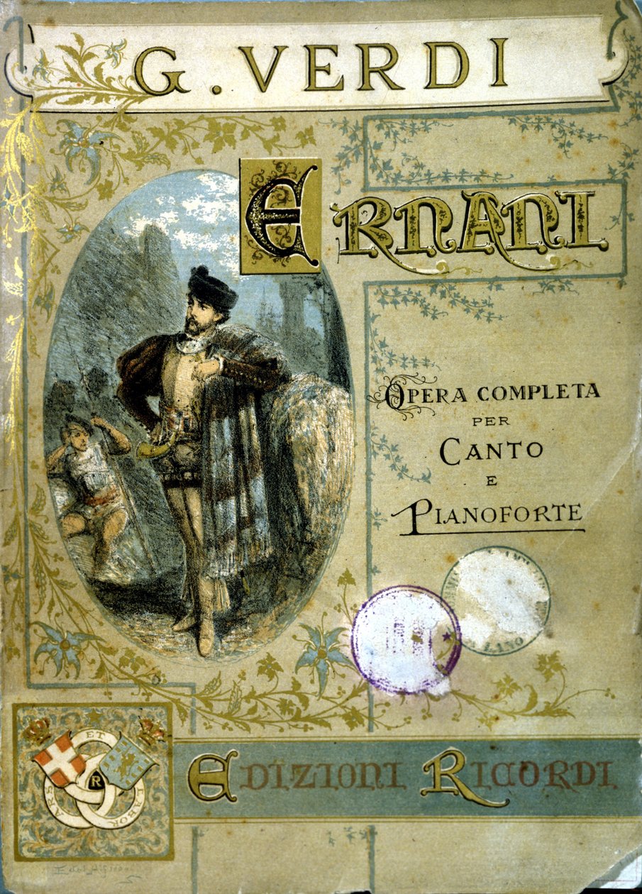 Omslag av partituret for stemme og piano til operaen ""Ernani"" komponert i 1844 av Giuseppe Verdi (1813 - 1901) etter tragedien til Victor Hugo. av Italian School