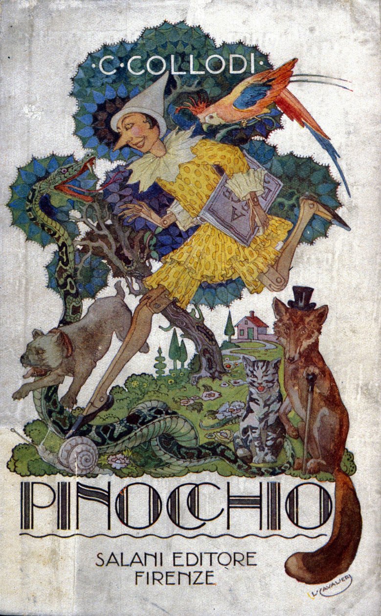 Omslag til Carlo Collodis bok quot;Pinocchioquot;, utgitt av Salani Editore, ca. 1920. av Italian School