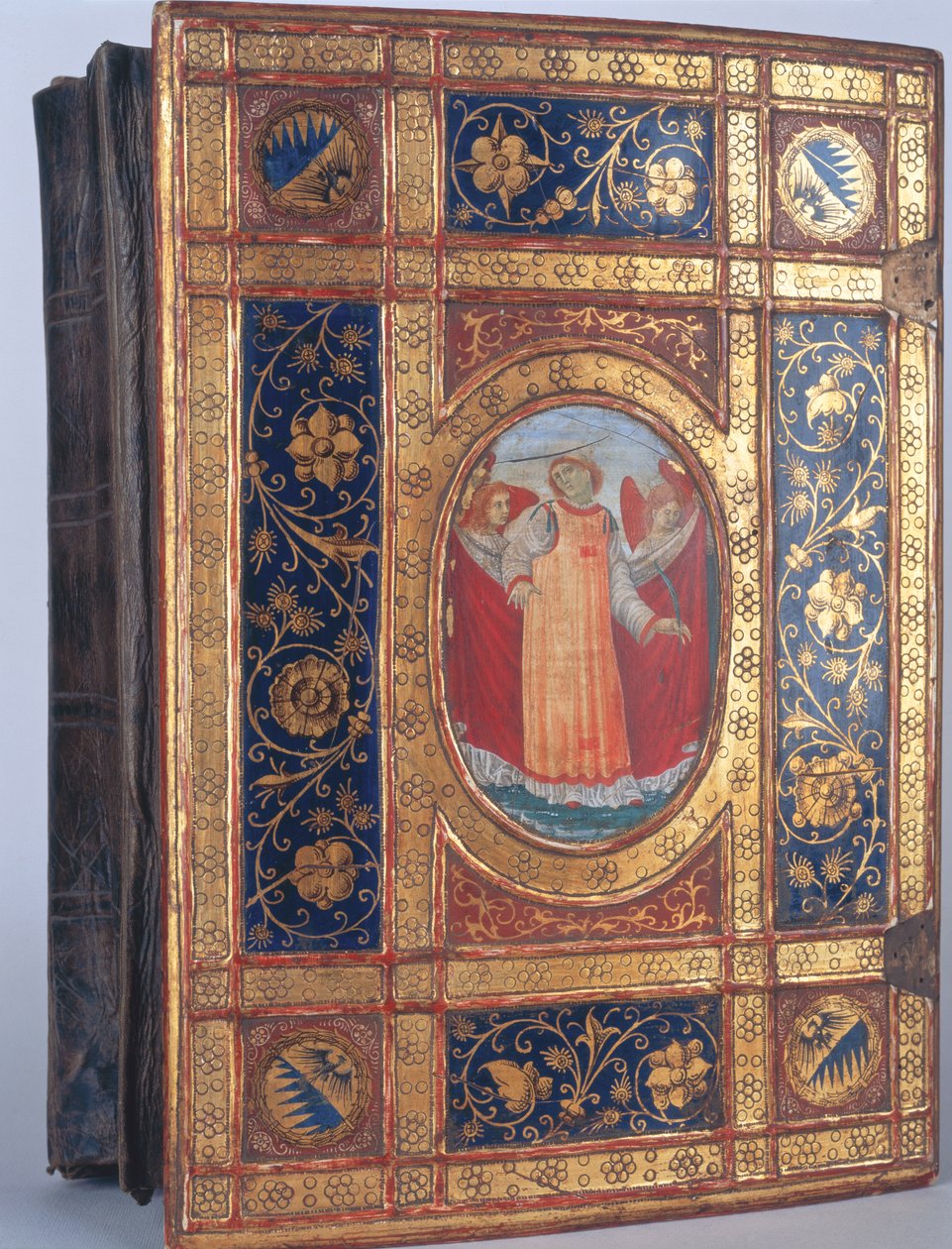 Omslag til et italiensk manuskript med St. Lawrence (bladgull og polykrom på tre) av Italian School