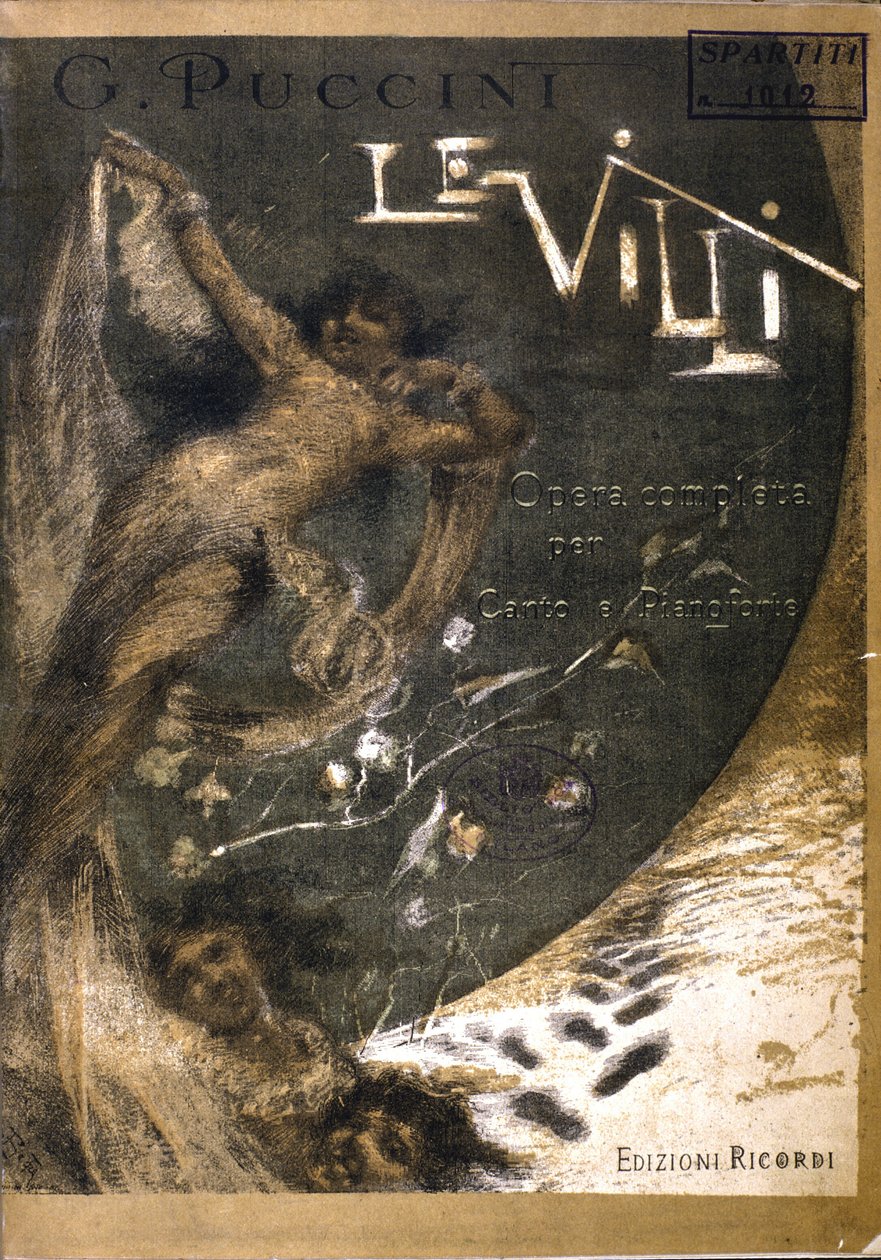 Omslag til partituret til "" Le Villi", Operaen (1884) i to akter for Puccinis sang og klaver (1858 - 1924). Ricordi-utgaver. av Italian School