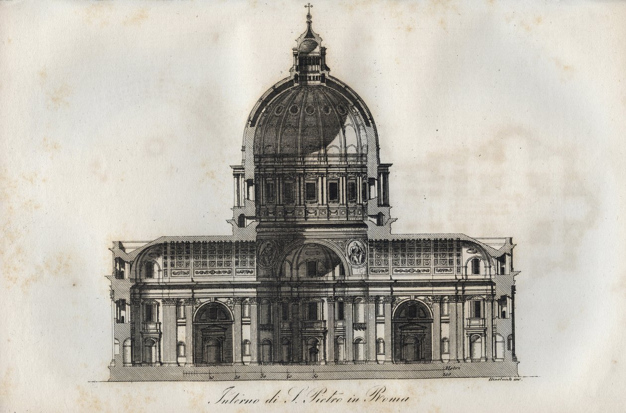 Tverrsnitt av Peterskirken (St. Peters basilika) i Roma - gravering fra "" skikker og tradisjoner til alle folkeslag i universet. Det er historien om regjeringen, lovene, militsen, om religionen til alle nasjoner fra de fjerneste tider til av Italian School