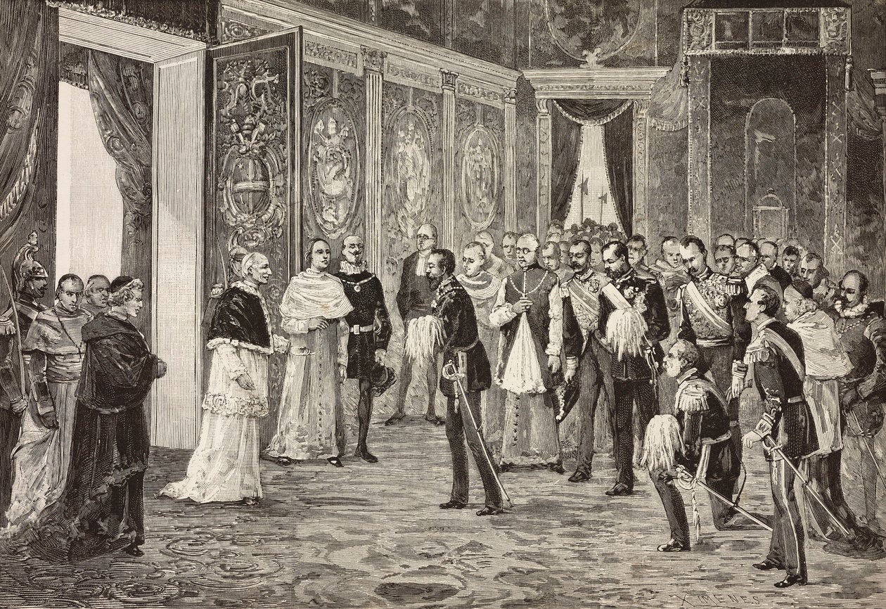 Kronprins av Tyskland (fremtidig Frederick III) blir mottatt av pave Leo XIII i tronrommet, Vatikanet, gravering fra tegning av Ximenes fra skisse av Dal Don, fra L