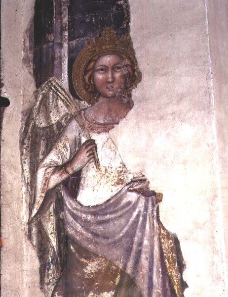Kronet figur som holder et palmeblad, muligens en engel (fresco) av Italian School