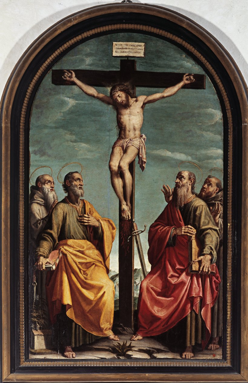Korsfestelse med Saint Peter, Paul, Romualdo og Francis (olje på lerret av Italian School