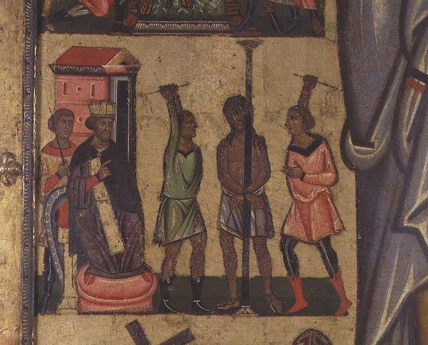 Crucifixion with Stories of the Passion: detalj som viser Kristi flagellasjon, School of Lucca (tempera på panel) av Italian School
