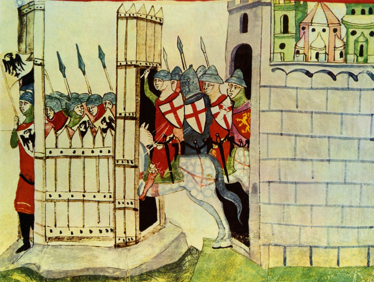 Crusaders, miniatyr fra Chronicles av Giovanni Villani, 1300-tallet av Italian School