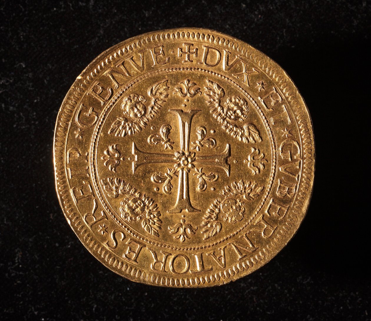 Republikken Genes valuta: 25 doble gullmynter. Diam.52,5 mm. 1694. Foran. Genes Museums of Strada Nuova (inv. 6457) av Italian School