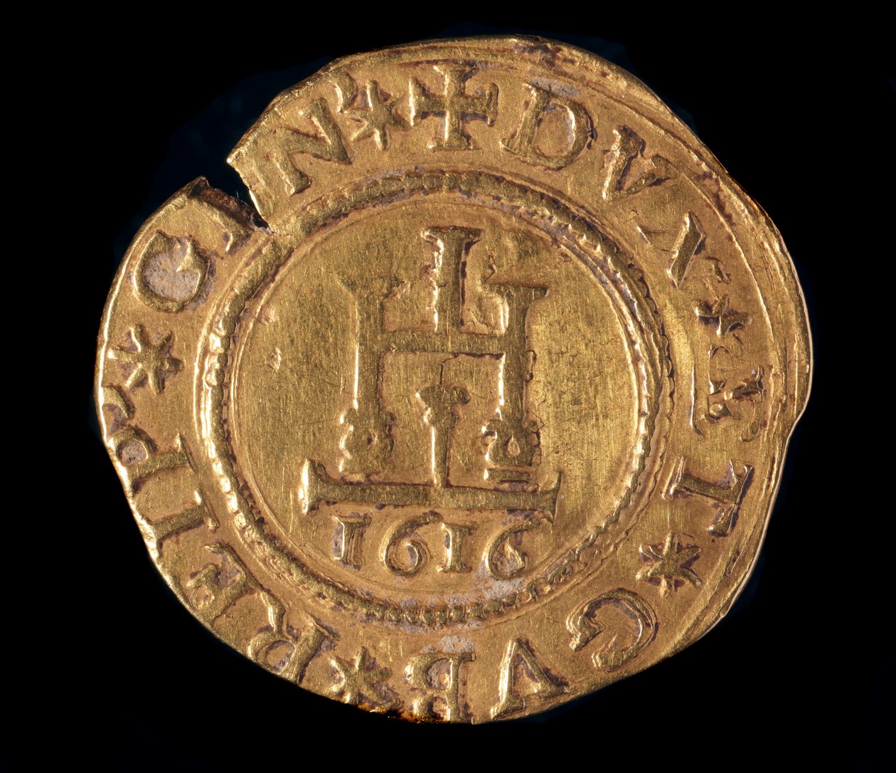 Valutaen til republikken gener: en gullquadrupla med en Genova-portal. Diameter 32 mm. 1616. foran. Genes Musei di Strada Nuova av Italian School