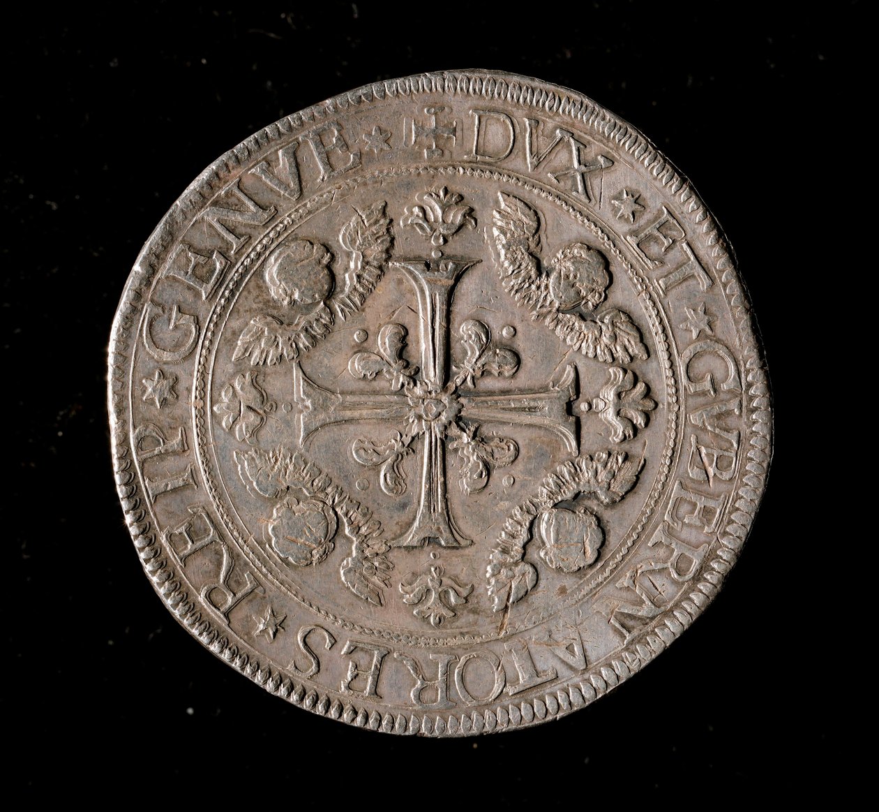Republikken Genes valuta: fem ecu sølvmynt. Diam. 61 mm. 1693. Foran. Genes Musei di Strada Nuova av Italian School