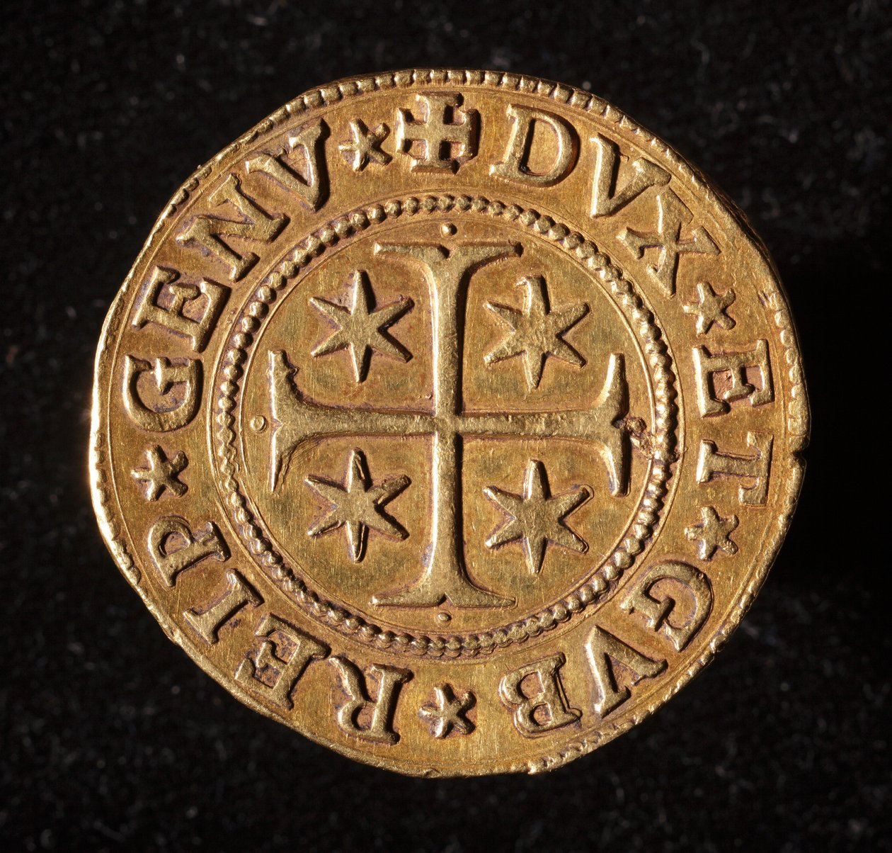 Valutaen til republikken gener: fem gull dobbel mynt. Diameter 41 mm. 1642. Foran. Genmuseer i Strada Nuova av Italian School