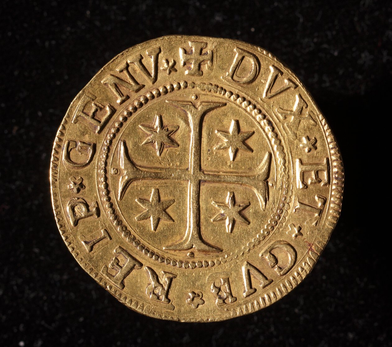 Valutaen til republikken gener: fem gull dobbel mynt. Diameter 41 mm. 1652. Foran. Genmuseer i Strada Nuova av Italian School
