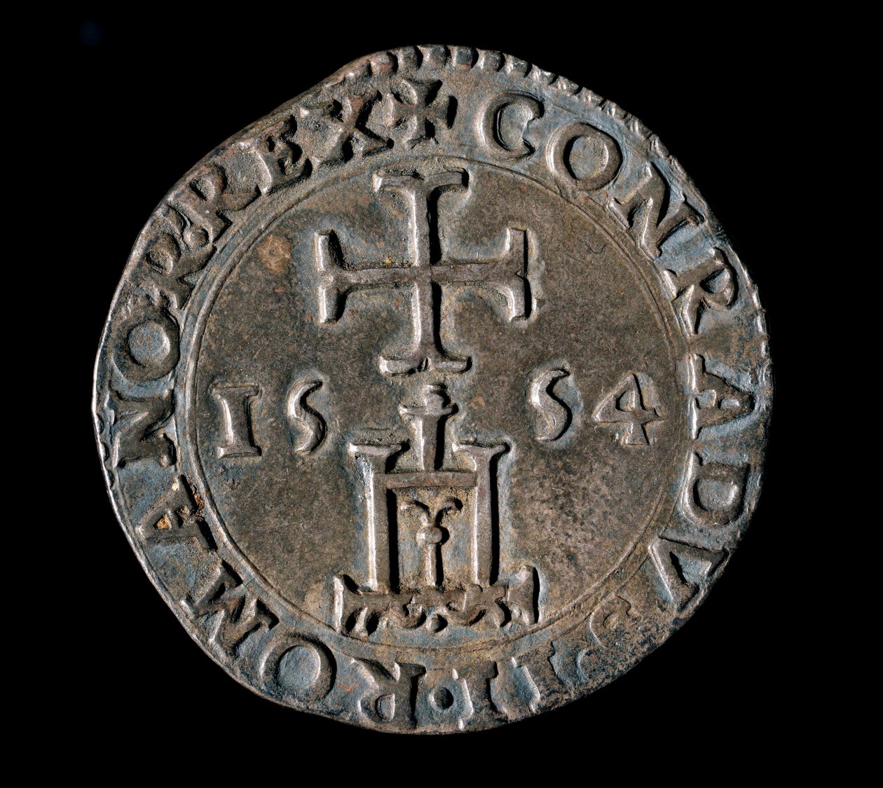 Valutaen til republikken gener: sølvteston (eller testone) av velsignelsen. Front som representerer Genova-portalen under et kors. 1554 Genes, Musei di Strada Nuova av Italian School