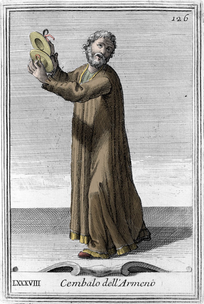 Cymbaler av armensk musikkinstrument med perkusjon. Gravering fra "Gabinetto Armonico pieno d'Instromenti", studie på musikkinstrumenter, av Jesuite Filippo Bonanni (1658-1723) 1725. av Italian School