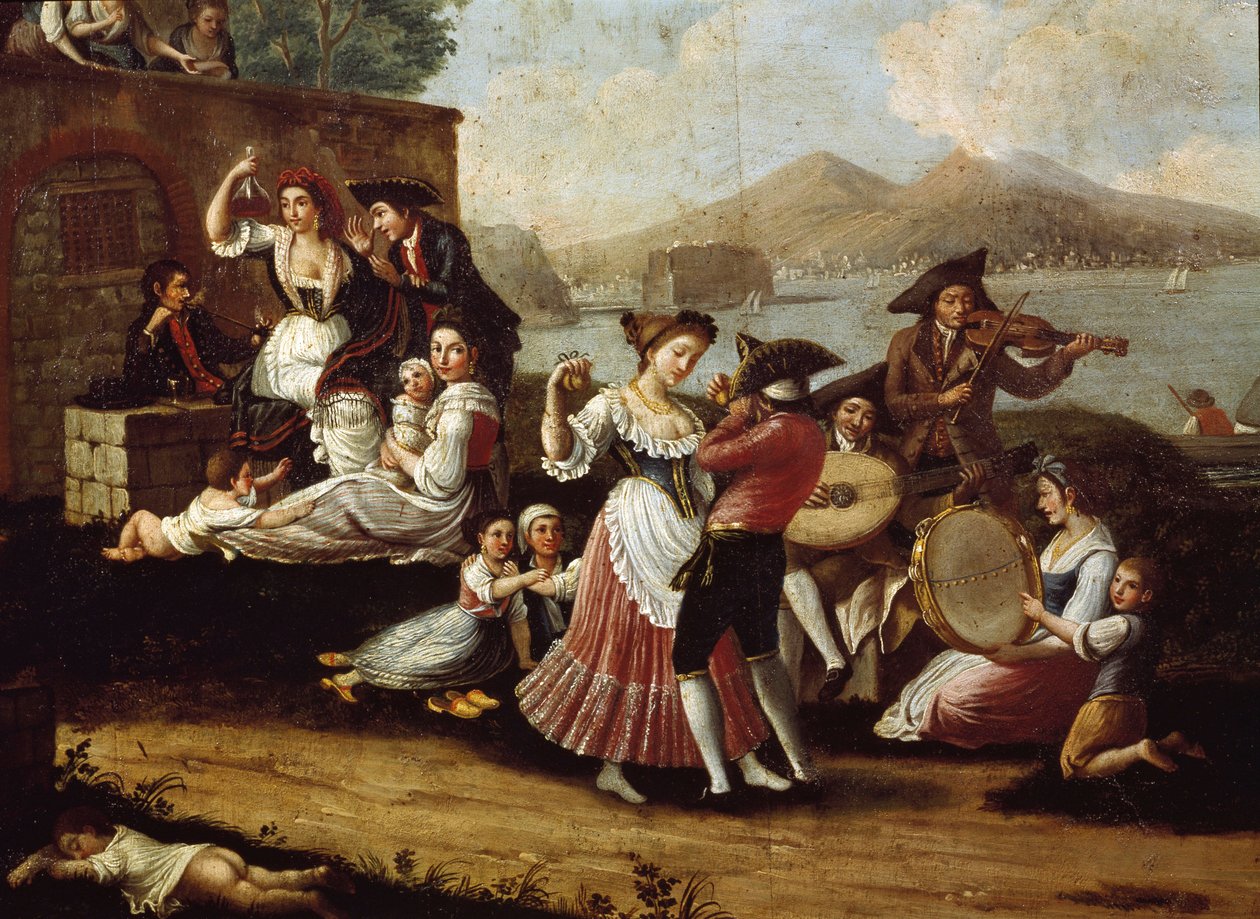 Dansescene og populær fest i Napoli Dancers of tarantella (tarantella, tarantella). Anonymt maleri. Napoli fra 1700-tallet, nasjonalmuseet i San Martino av Italian School