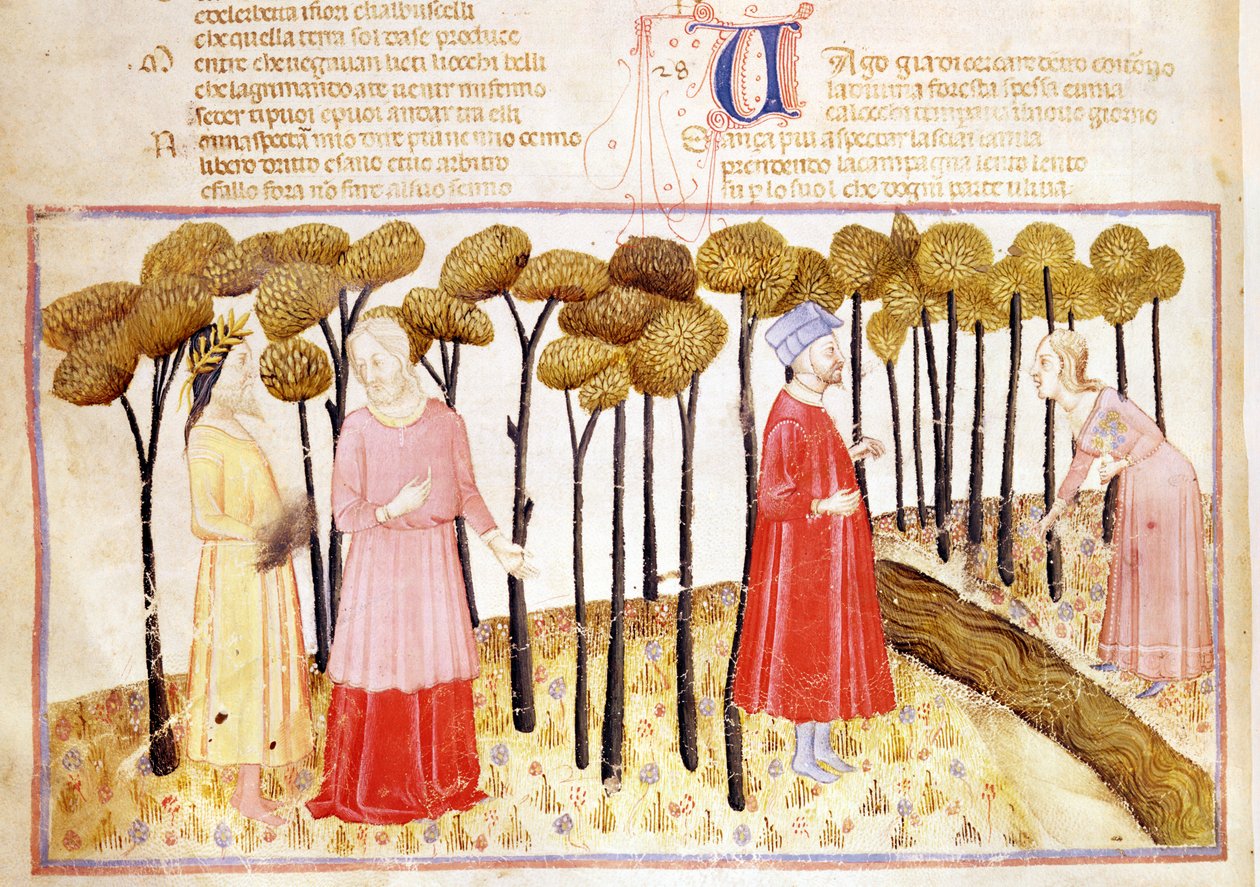 Dante og Virgil (70–19 f.Kr.) ved skjærsildens toppmøte, fra The Divine Comedy av Dante Alighieri (1265–1321) av Italian School