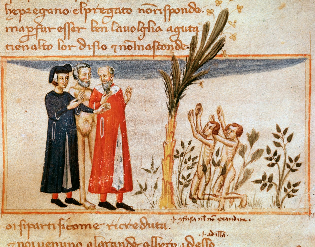 Dante og Virgil møter Forese de Donati med det fråtsende (sang 23 fra Purgatory, in the Divine Comedy) - Minature av Italian School