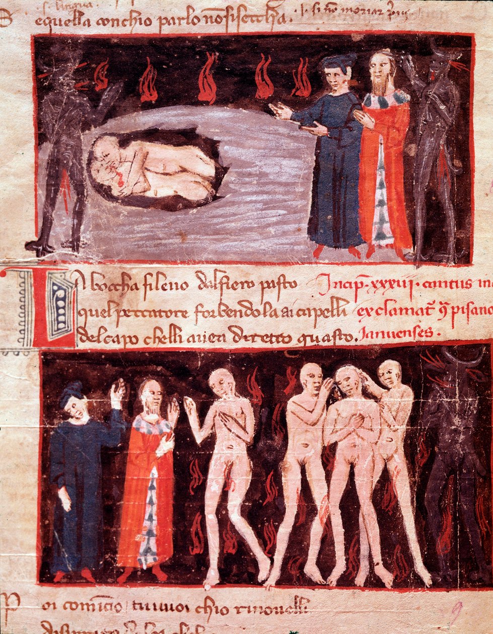 Dante og Virgil møter Ugolino, forræder (sang 23 fra Hell in the Divine Comedy) miniatyr av Italian School