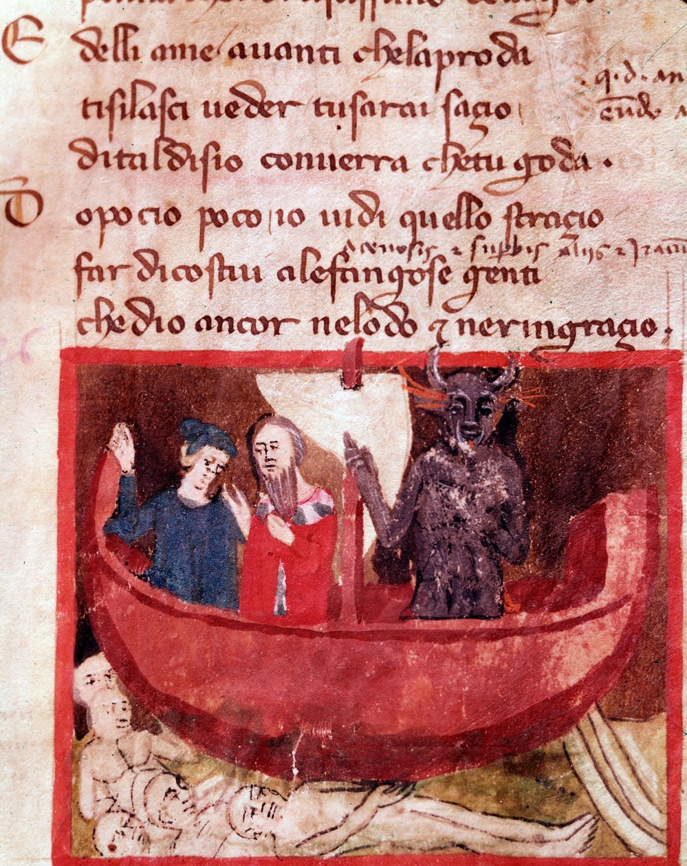 Dante og Virgil på Phlegyas-båten møter Filippo Argenti (sang 8 fra helvete, i den guddommelige komedie) - miniatyr av Italian School