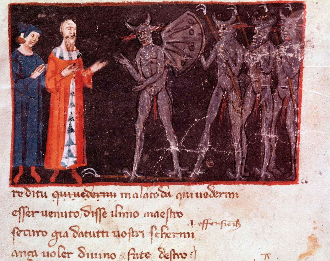 Dante og Virgil snakker med Malacoda, leder for Malebranche-skvadronene (sang 21 fra Hell, in the Divine Comedy) - miniatyr av Italian School