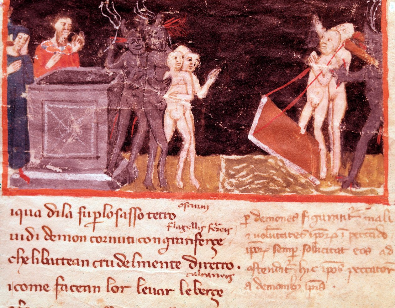 Dante og Virgil omgitt av hallikene og forførerne (sang 18 fra Hell, in the Divine Comedy) - Miniatyr av Italian School