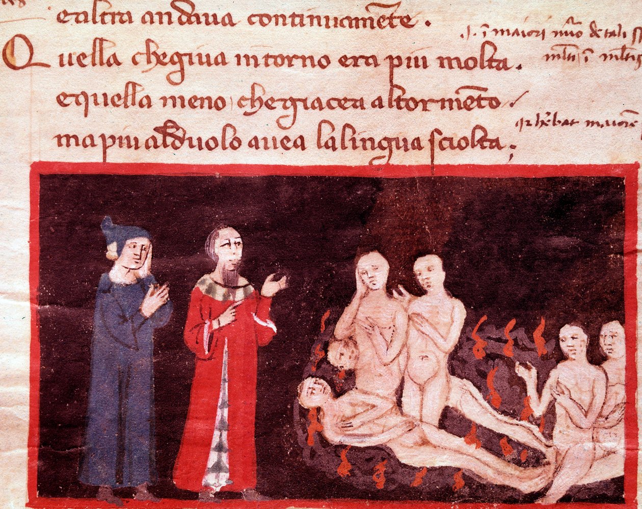 Dante et Virgil omgitt av voldsmennene (sang 14 fra helvete, i den guddommelige komedie) - miniatyr 1300-tallet av Italian School