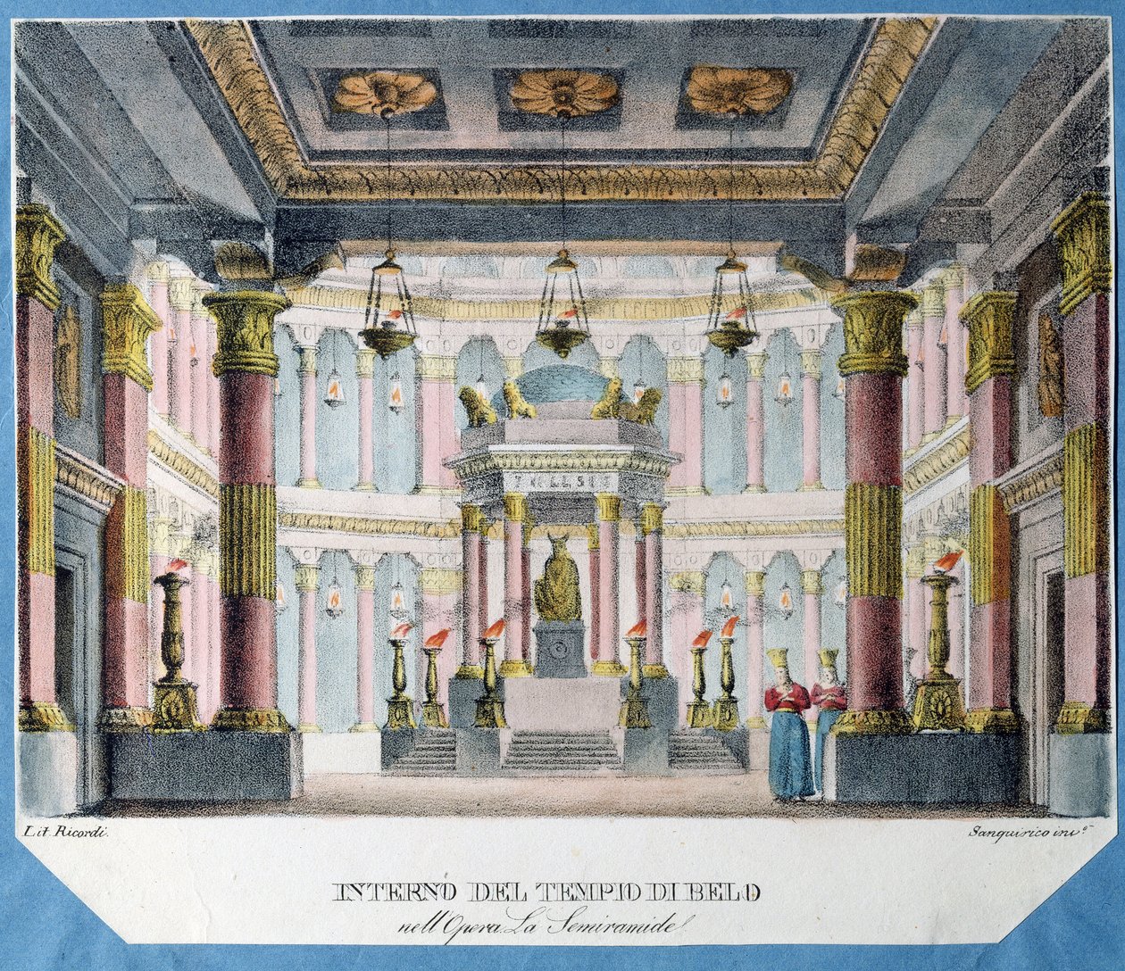 Dekor til operaen La Semiramide av Christoph Gluck (1714-1787) (Scenedesign for operaen La Semiramide av Ch. Gluck). Litografi i farger, anonym, ca 1790. Italiensk kunst, teaterdekor. Statens museum for teater og musikkkunst, St. Petersburg. av Italian School
