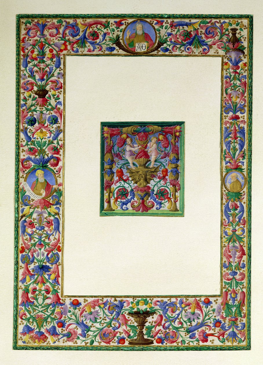 Dekorativ kant med Gud Faderen og to profeter og en historisk innledende T med en sirene og to putti, 1400-1500-tallet av Italian School