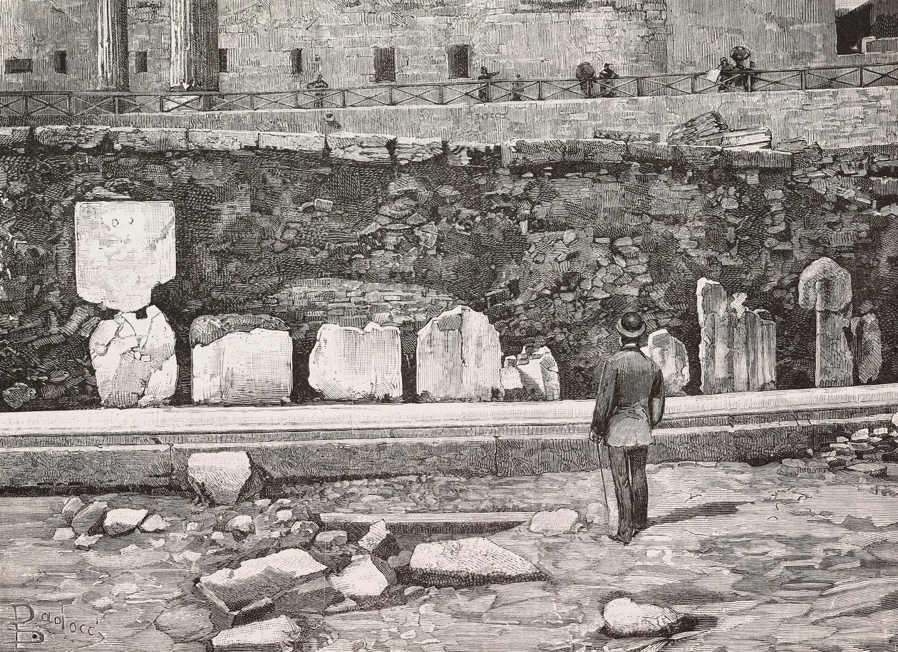 Dekorativ halvsykkel i Forum Romanum, Roma, Italia, gravering fra tegning av Dante Paolocci, fra L