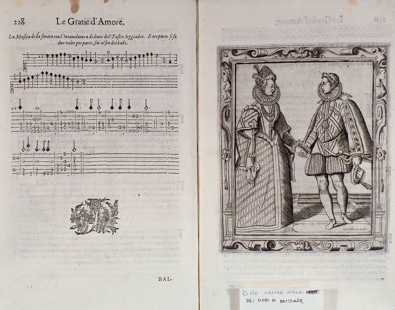 Beskrivelse av ballett for to Dobbeltside av Le Gratie dAmore (Le Grazie dAmore) av den italienske danseren Cesare Negri kalt Il Trombone (1536-1604), traktat om dans av Italian School