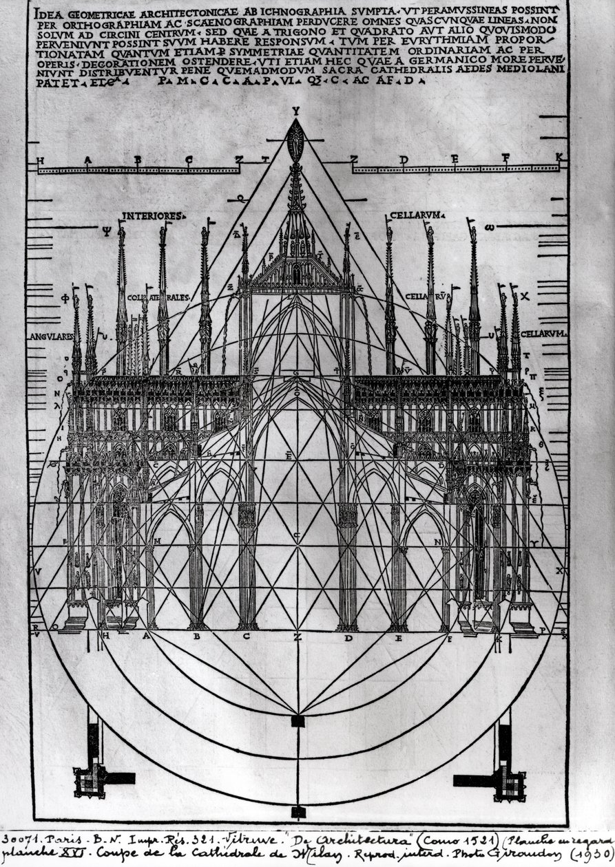 Design for katedralen i Milano, illustrasjon fra De Architectura av Vitruvius, Como, 1521 av Italian School