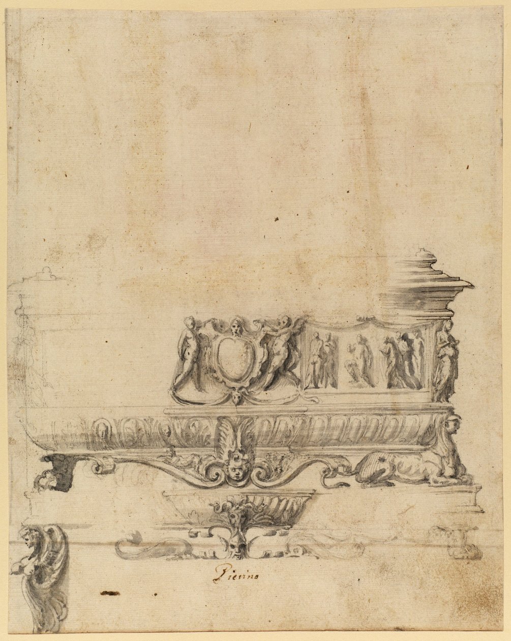 Design for en kiste (penn og blekk, vask og kritt på papir) av Italian School