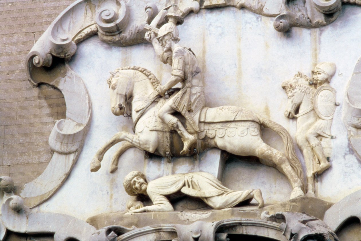 Detalj fra en portal som viser grev Roger (1031-1101) Angriper en muslim, 1534 av Italian School
