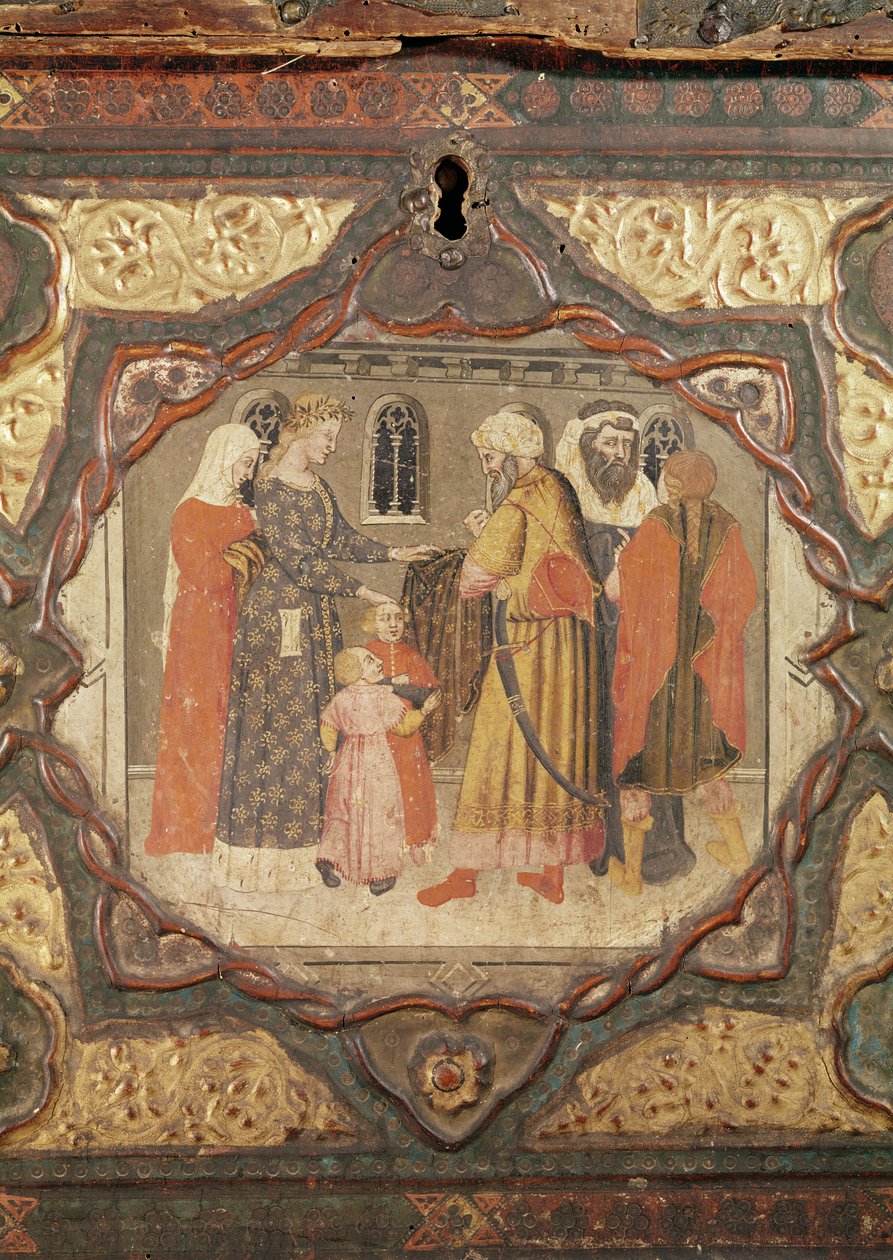 Detalj av en cassone som viser historien om Saladin og Torello av Istria, av Giovanni Boccaccio (tempera på panel) (se også 444280-81) av Italian School