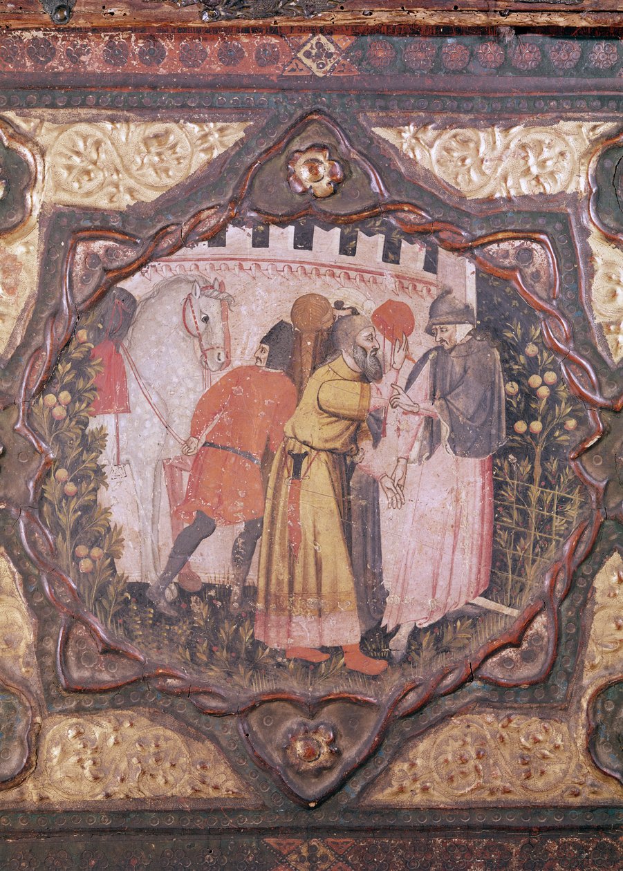 Detalj av en cassone som viser historien om Saladin og Torello av Istria, av Giovanni Boccaccio (tempera på panel) (se også 444281-82) av Italian School