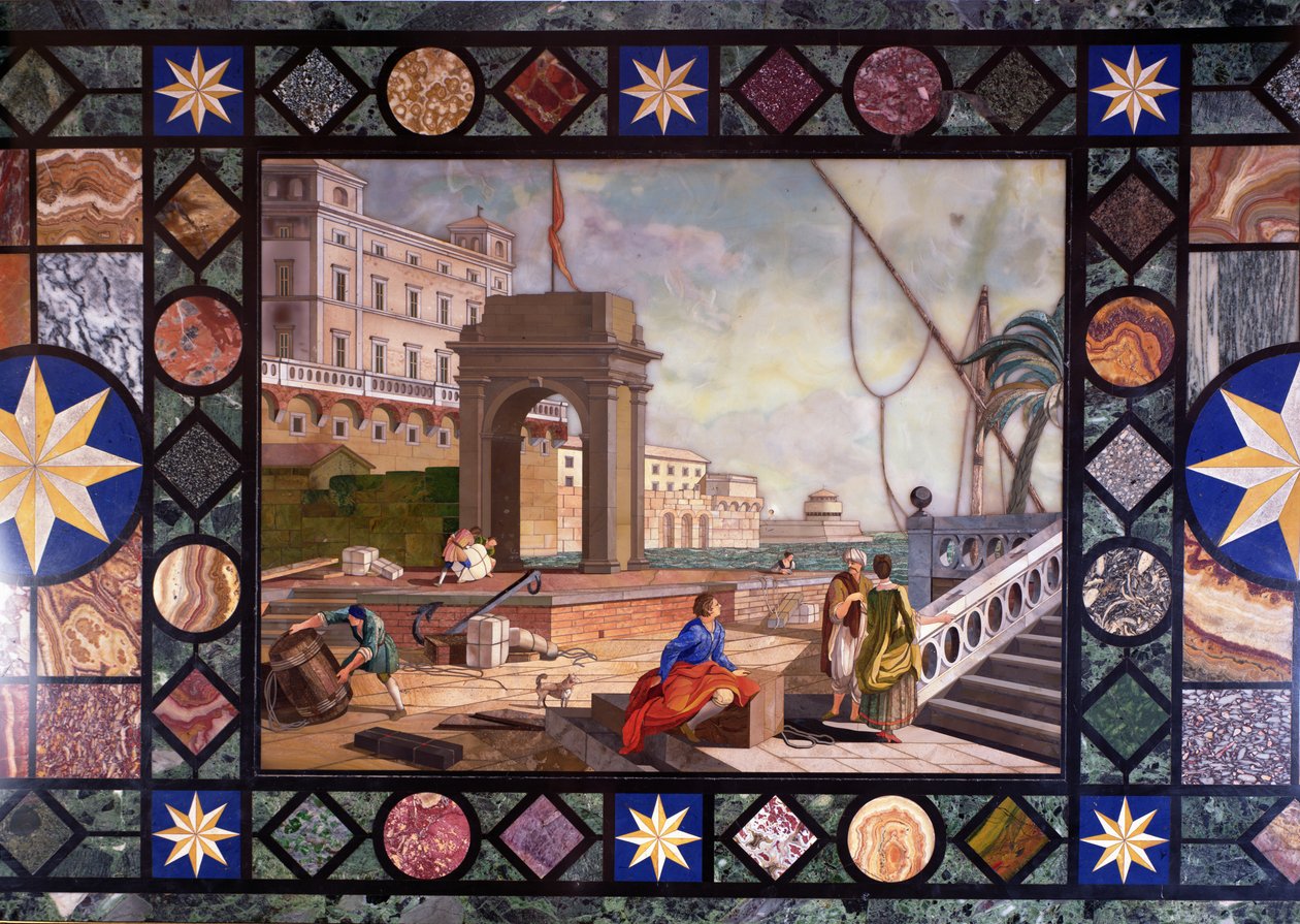 Detalj av en bordplate som viser havnen i Livorno, etter et design av Antonio Ciocci av Italian School