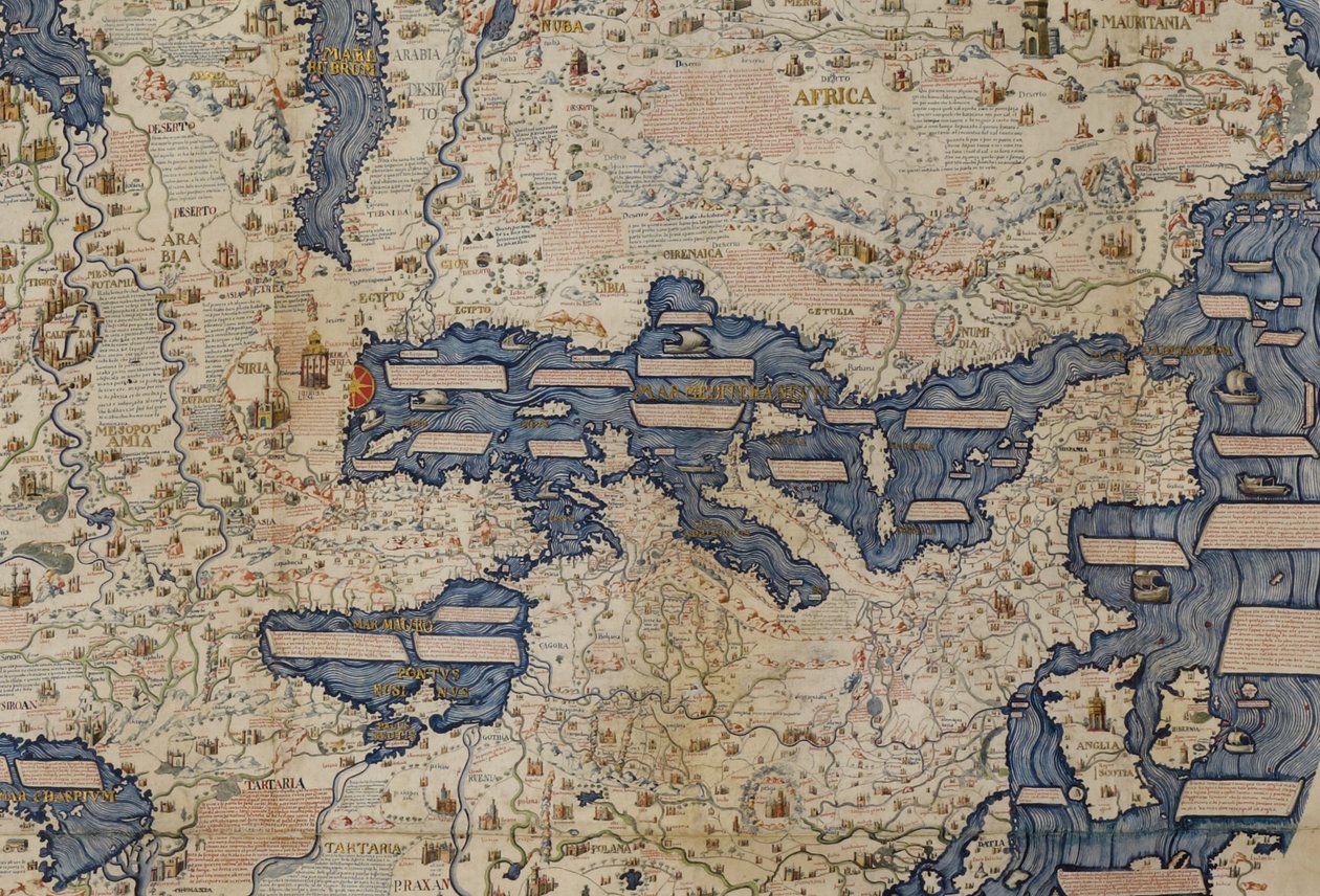Detalj av Middelhavet, fra Add. 11267 'Stor planisfære, eller verdenskart' av 1459, av Mauro Frau av Italian School