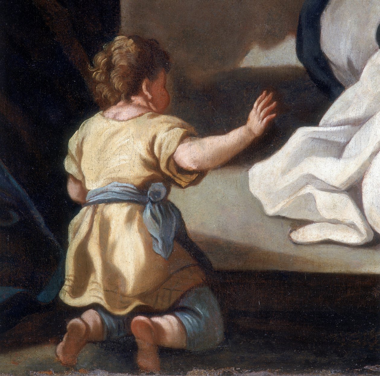 Detalj av maleriet som viser rosenkransens Madonna med de hellige Dominik og Katarina av Siena av Italian School